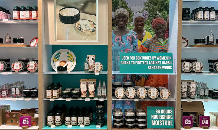 The Body Shop butikshylde med body butter produkter og kampagneplakater